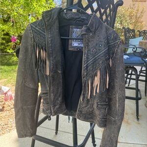 Affliction Limited Edition Brown Aztec Fringe Leather Jacket